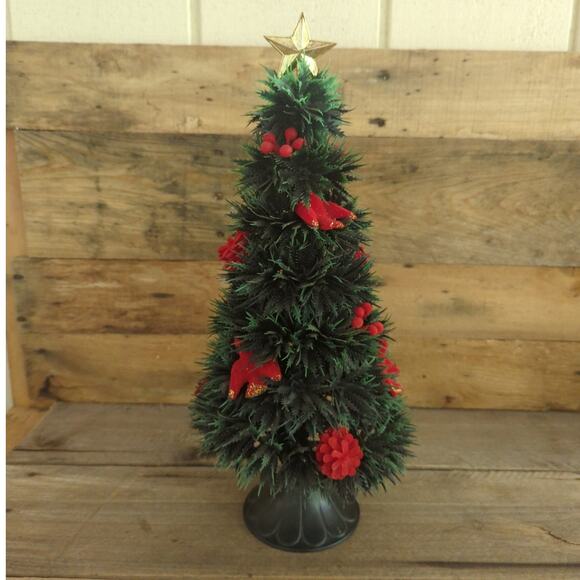 Vtg 1950s Tabletop Plastic Christmas Tree with Red Flocked Ornaments Gold Star - Picture 1 of 10
